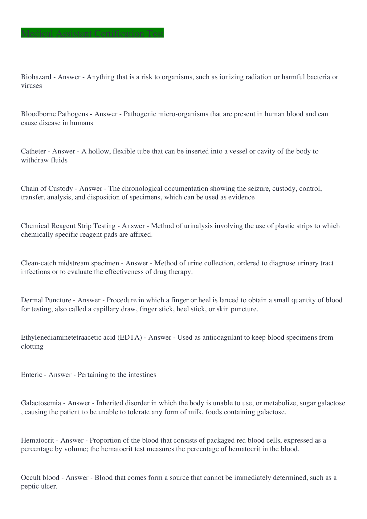 Preview image of MEDICAL ASSISTANT CERTIFICATION TEST STUDY GUIDE COMPLETE EXAM SOLUTION document